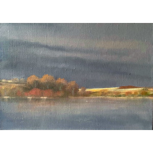 Dogwoods across the Lake, oil on linen, 25 x 35cm