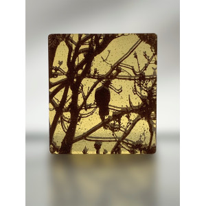 Bird, sepia, opaline, and light amber glass, 9 x 8cm