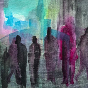 Towards the Temple, watercolour on paper, 15 x 15cm