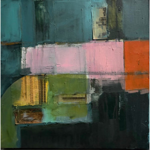 380 Pink, oil and collage on canvas, 40 x 40cm