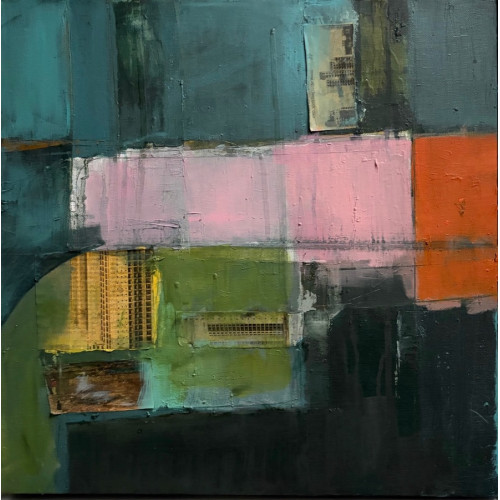 380 Pink, oil and collage on canvas, 40 x 40cm