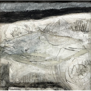 Fossils in the Stone, Purbeck, oil on board, 23 x 23cm