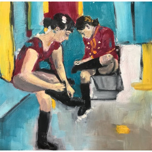 Putting on Boots, oil on board, 30 x 30cm	