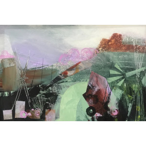 Dawn Allotment II, acrylic & collage on canvas board, 20 x 30cm