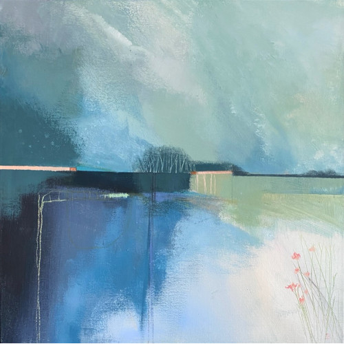 The Lake, acrylic and oil pastel on board, 35.5 x 35.5cm