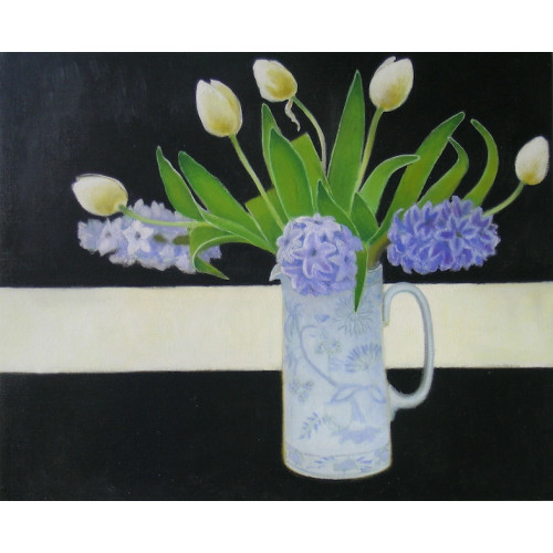 Jug of Tulips and Hyacinths on Black, oil on linen, 46 x 56cm