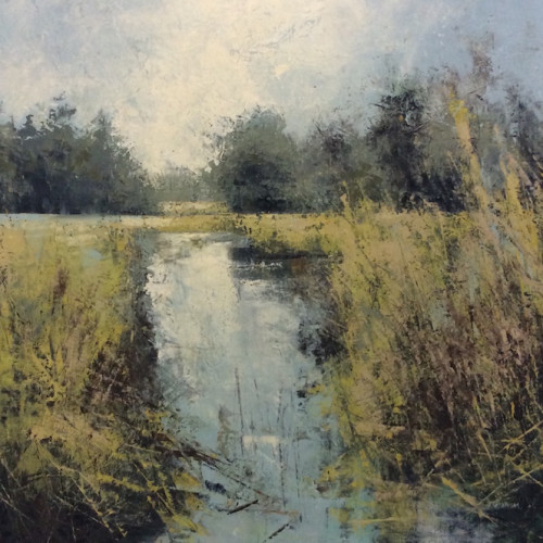 Golden Wetland, oil and cold wax on wood, 95x95cm