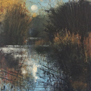 Wetland Moon, oil and cold wax on board, 45 x 45cm 