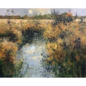 September Fields with Stream, oil and cold wax  on canvas, 90 x 110cm