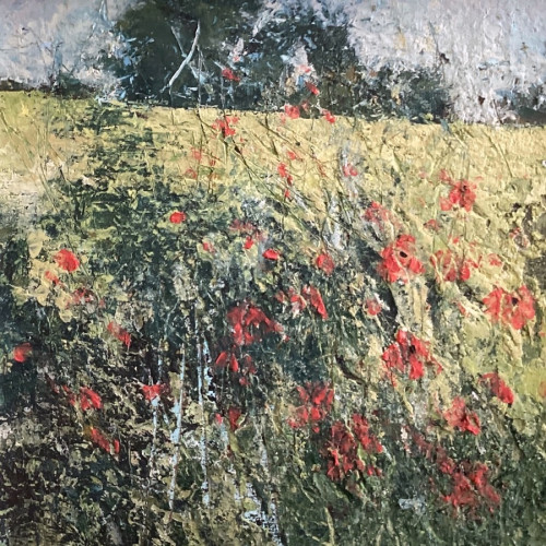 Poppy Field 1,  oil and cold wax  on board, 20.5 x 20.5cm