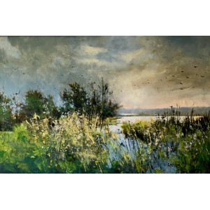 Early Evening, Somerset Levels, oil and cold wax  on board, 90 x 147.5cm