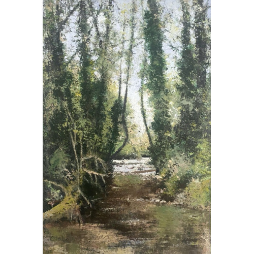 Woodland Stream, oil and cold wax on board, 95 x 60cm