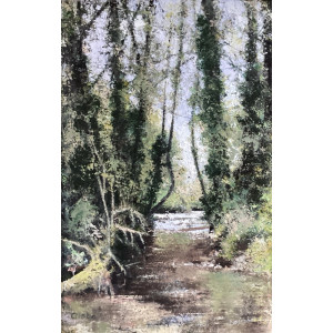 G056 Woodland Stream, oil and cold wax on board, 90 x 60cm