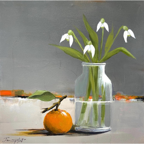Still life with Satsuma & Snowdrops, acrylic on panel, 30 x 30cm