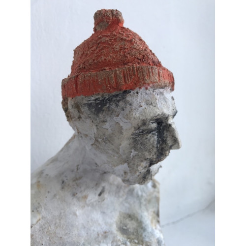 Medium Raku fired figure with orange beanie, h. 20cm