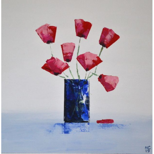 Bristol Blue with Scarlet Poppies, acrylic on board 30x30cm