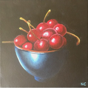 Cherries in a Blue Bowl, acrylic on canvas, 20 x 20cm